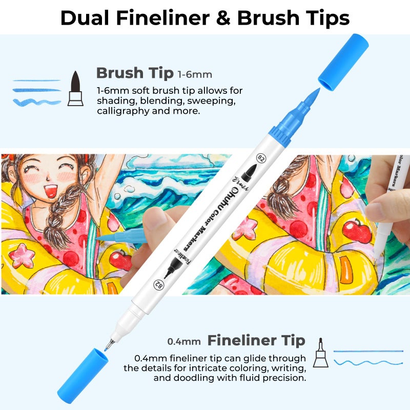Ohuhu Markers for Adult Coloring Books No Bleeding 100 Colors Coloring Markers Water-based Dual Tips Fineliner & Brush Drawing Pens Art Pens for Kids Adults Sketch Journal - Maui - White - Image 3